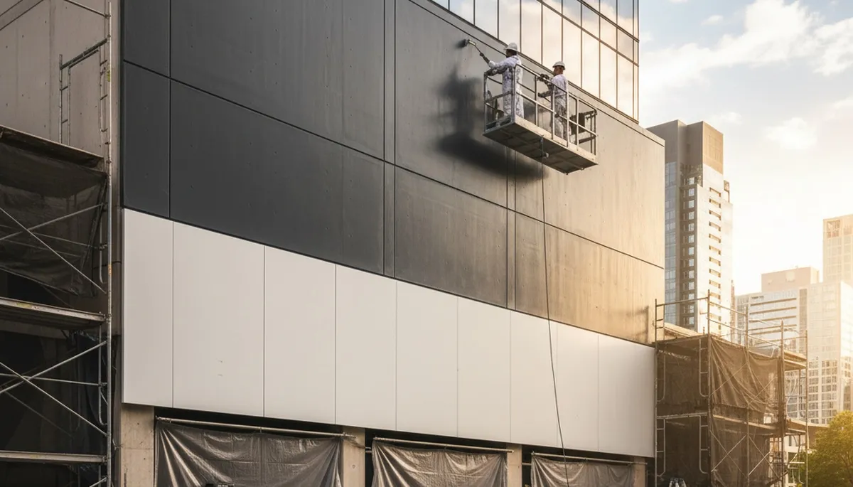 Professional commercial painters working on business exterior in Stockton, CA