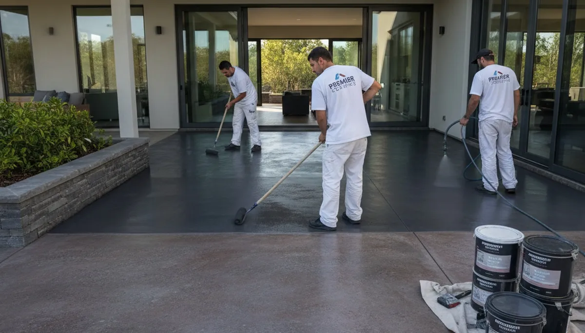 Professional concrete staining on patio surface in Stockton, CA by local house painting experts