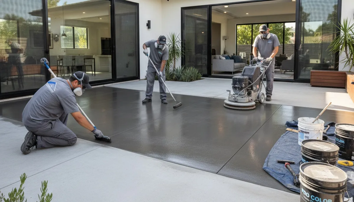 Professional concrete staining on driveway in Stockton, CA by local house painting experts