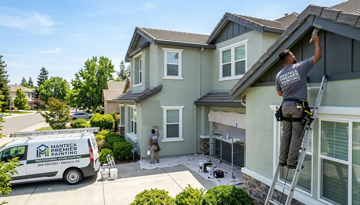 Professional house painters working on residential exterior in Stockton, CA