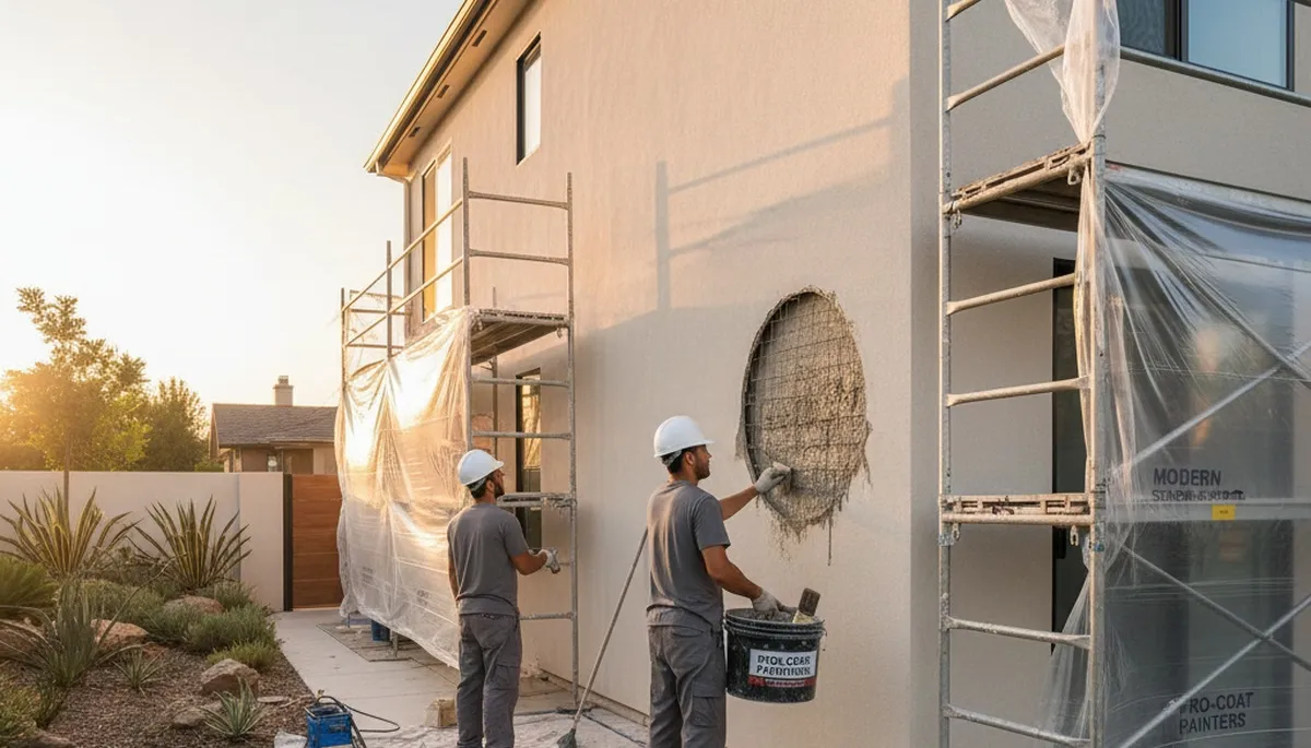 Professional stucco repair on Stockton CA home exterior by expert local painting contractors